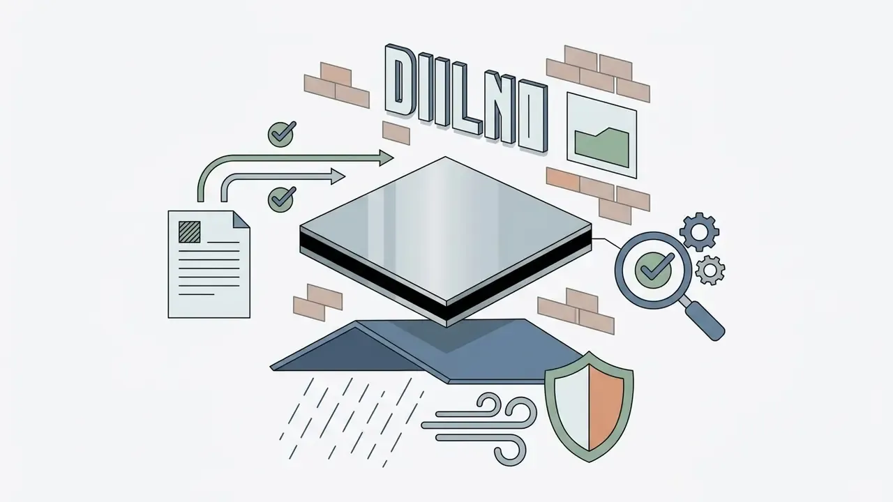 Metal composite panel with document, magnifying glass, and weather icons representing durability