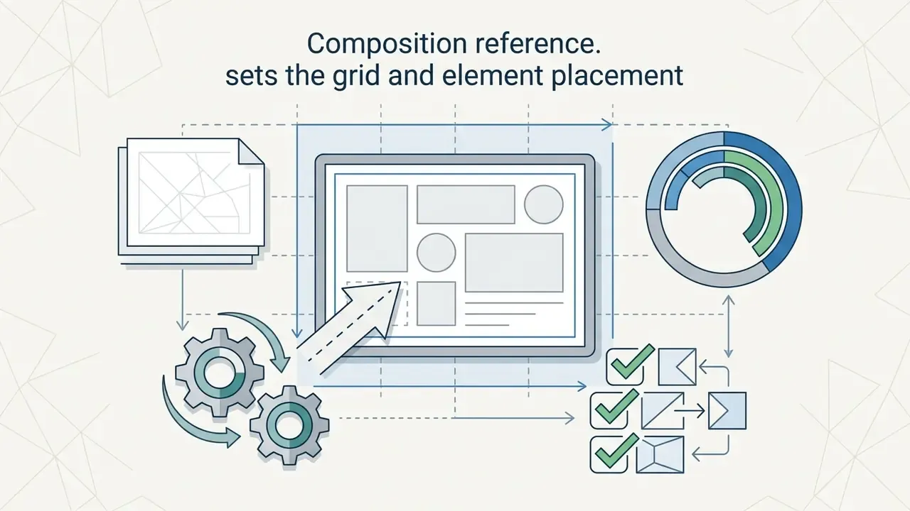 Central screen with grid layout surrounded by gears, a circular progress chart, and checked boxes