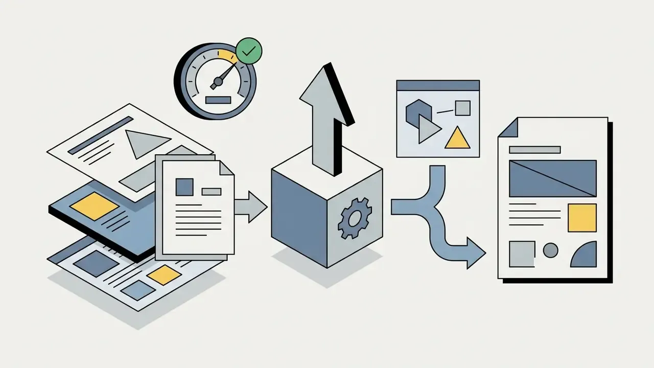 Isometric cube processing documents and geometric shapes into a final structured page layout