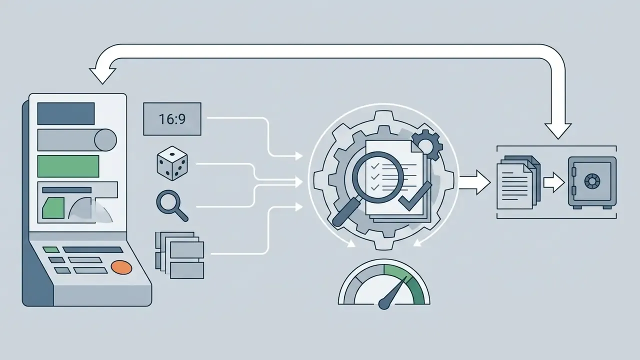 Control panel settings feeding into an audit gear mechanism that archives data into a secure vault
