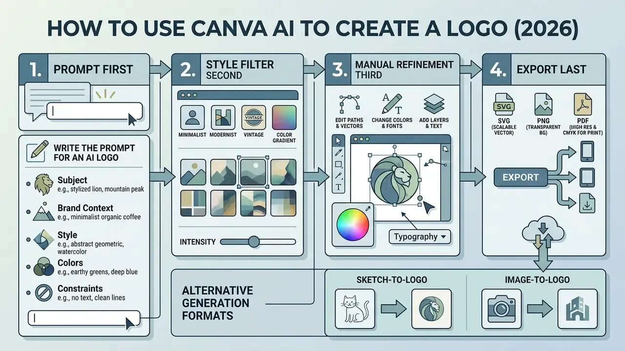 Four-step process infographic detailing how to use the Canva AI logo generator to create custom designs