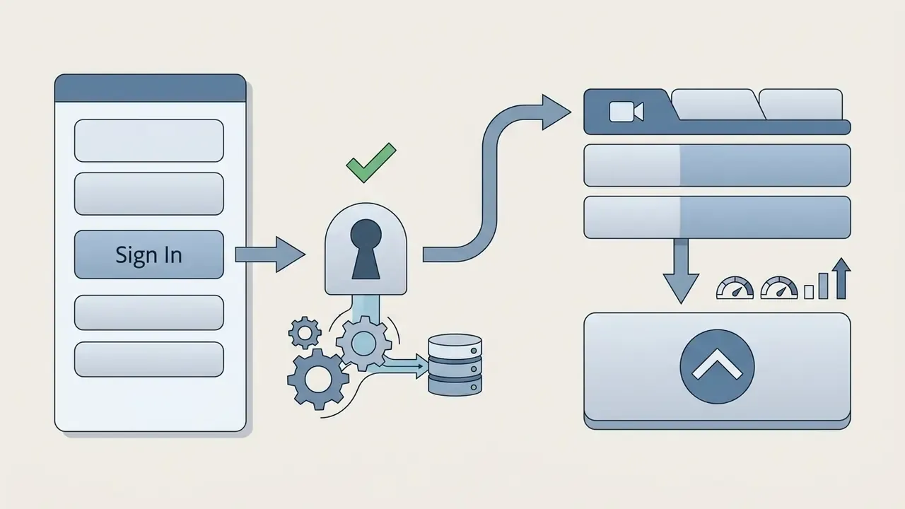 Authentication process showing a sign in button leading to a secure lock icon and video tool access