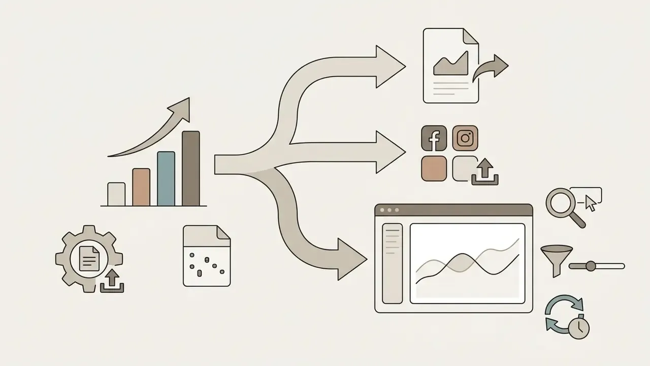 Bar chart data branching into report files, social media icons, and an interactive web dashboard