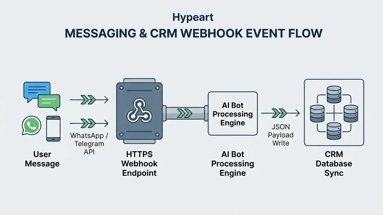 Diagram showing messaging data flowing through a webhook endpoint to an AI engine and CRM database