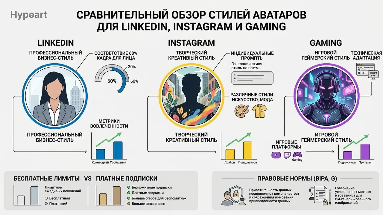Infographic comparing avatar styles for LinkedIn, Instagram, and gaming with platform-specific requirements