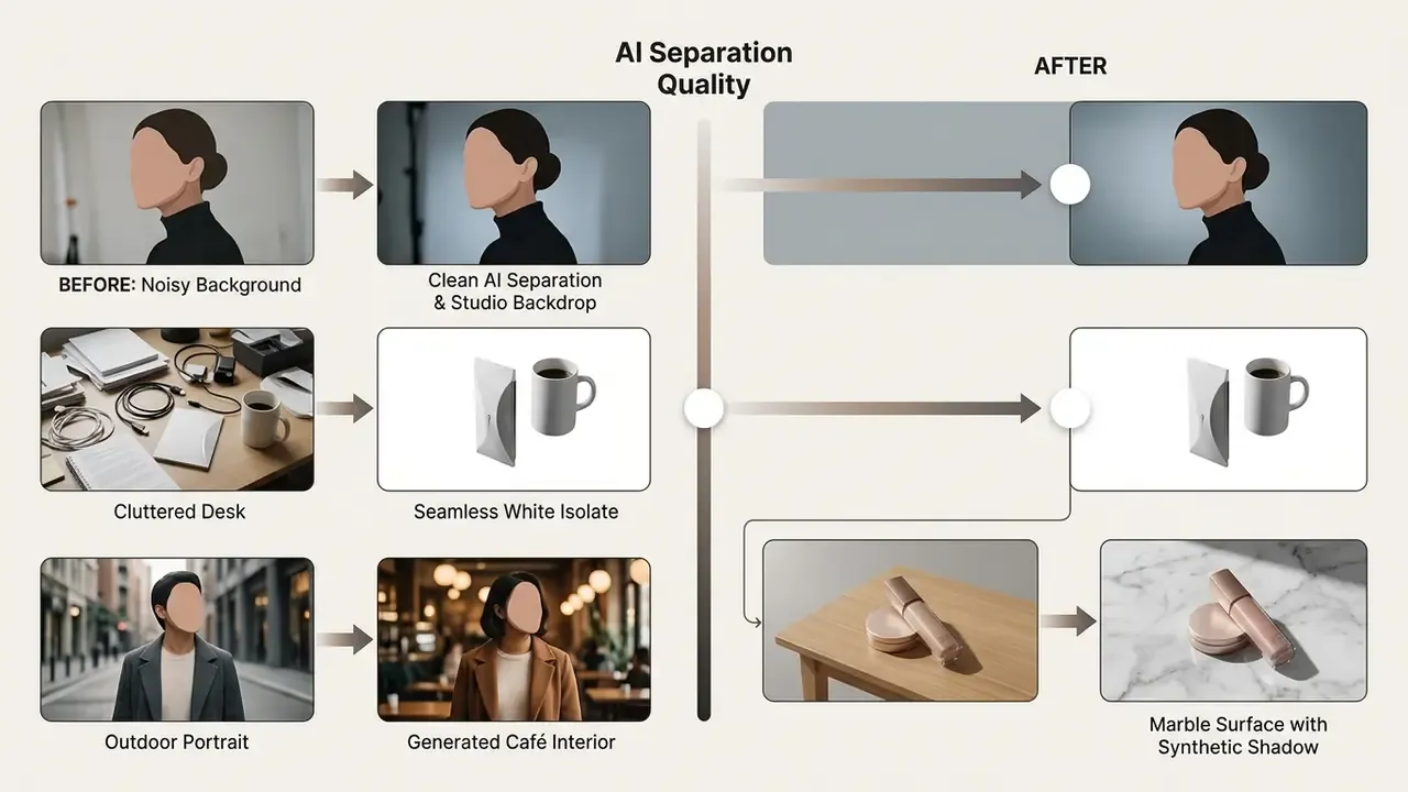 Interactive slider demonstrating AI image background changer results for portraits and product photography