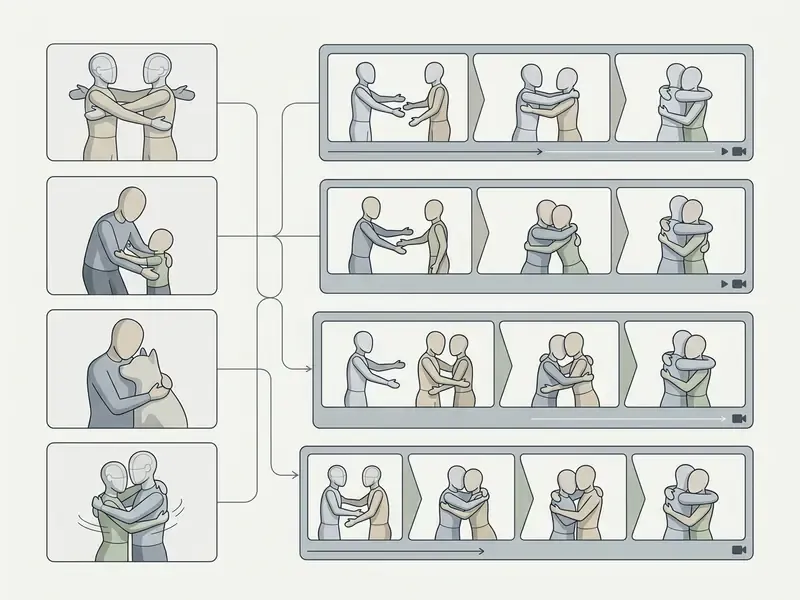 Diagram showing static reference poses linked to sequential video frames of various embracing characters