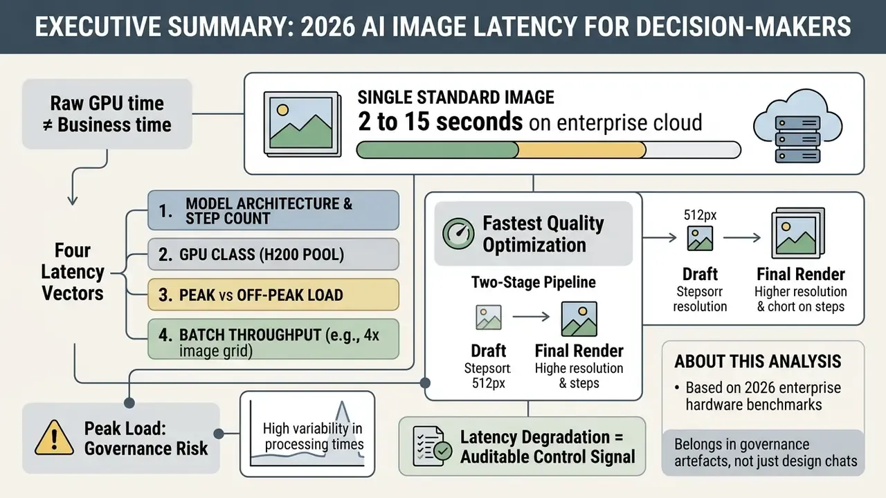 Infographic showing factors influencing AI image generation time including latency vectors and optimization