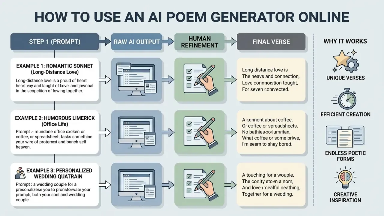 Diagram showing three examples of transforming text prompts into polished poems through editing