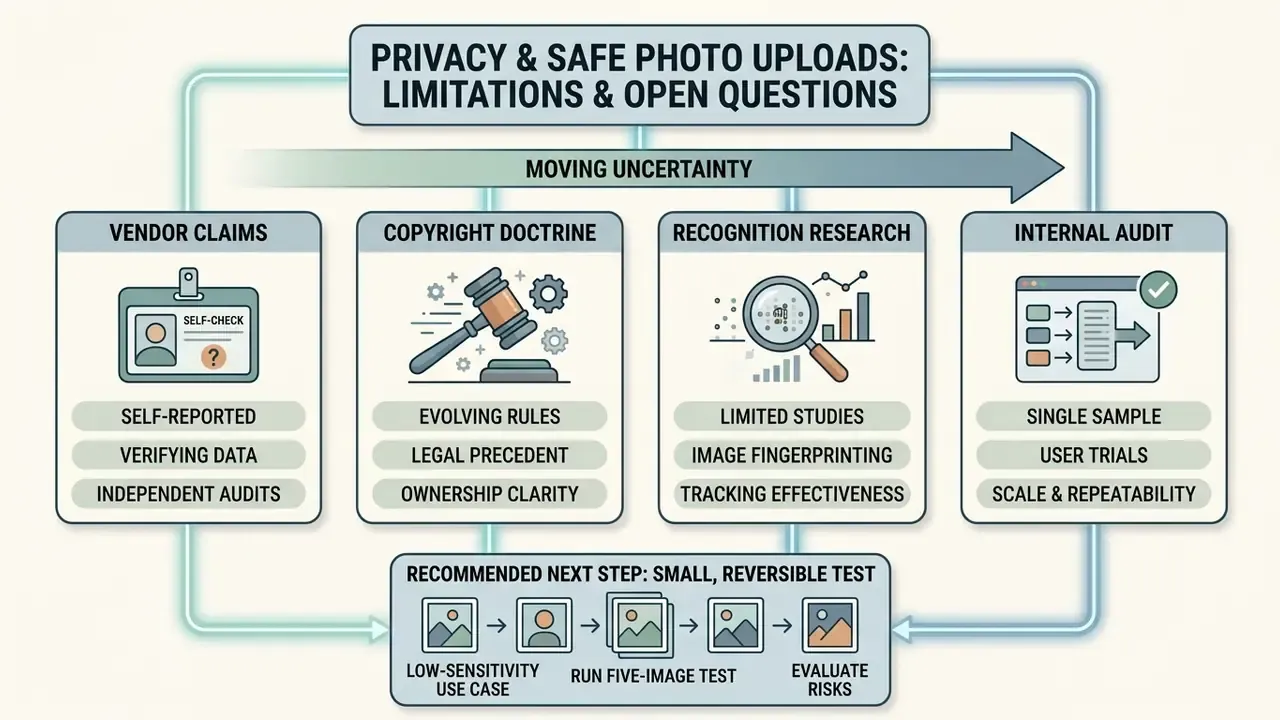 Diagram outlining four key areas of uncertainty regarding privacy and safety in photo processing
