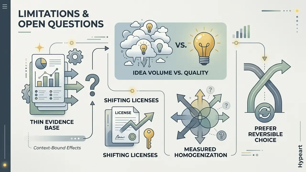 Visual summary of research gaps including idea quality, license volatility, and reversible decision-making