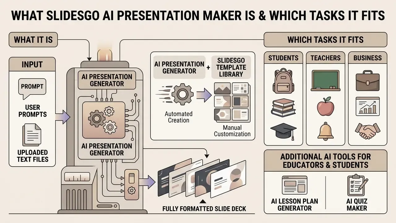 Infographic showing how the Slidesgo AI Presentation Maker processes user inputs into slide decks