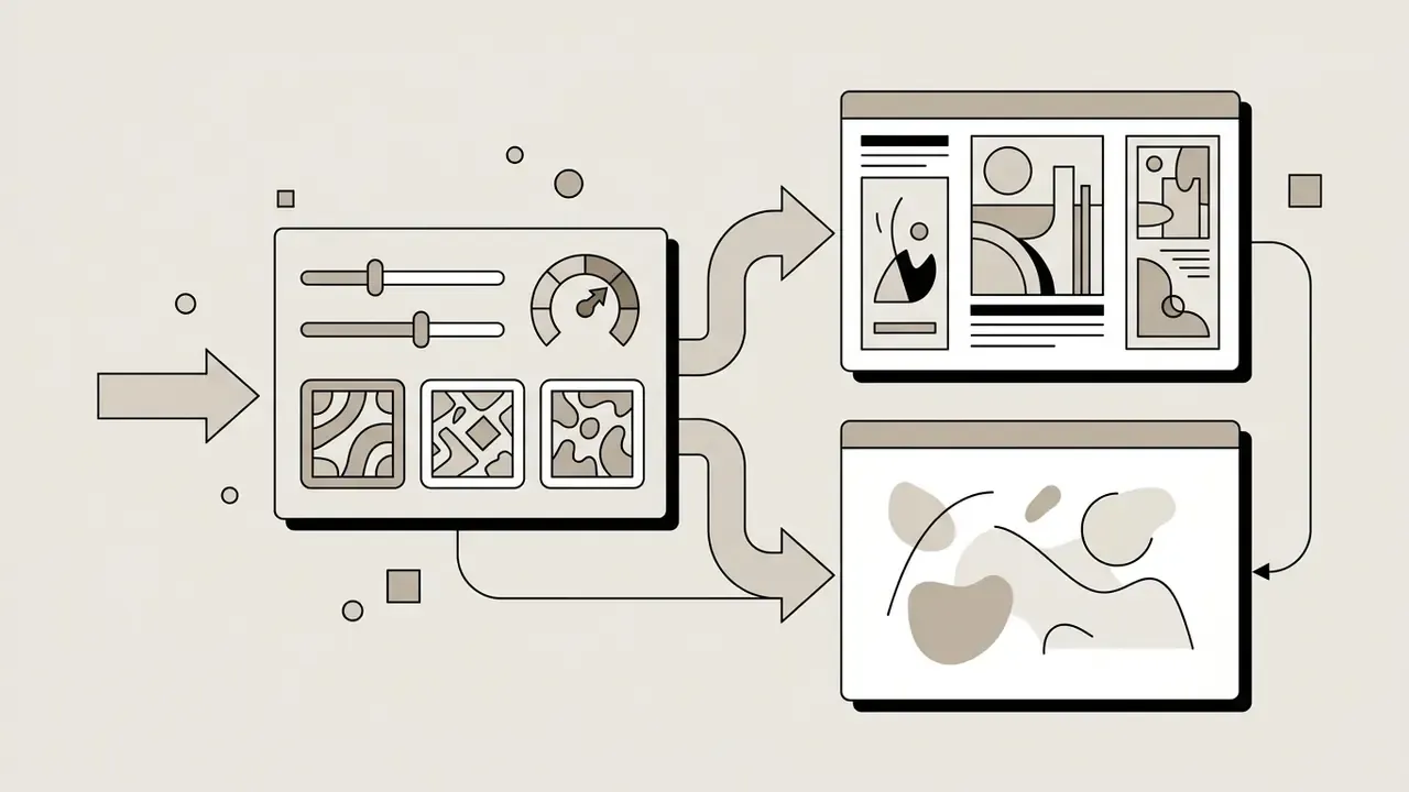 Control panel with sliders and icons feeding into two separate windows showing image variations
