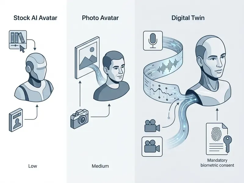 Comparison chart showing the input requirements for stock avatars, photo avatars, and digital twins