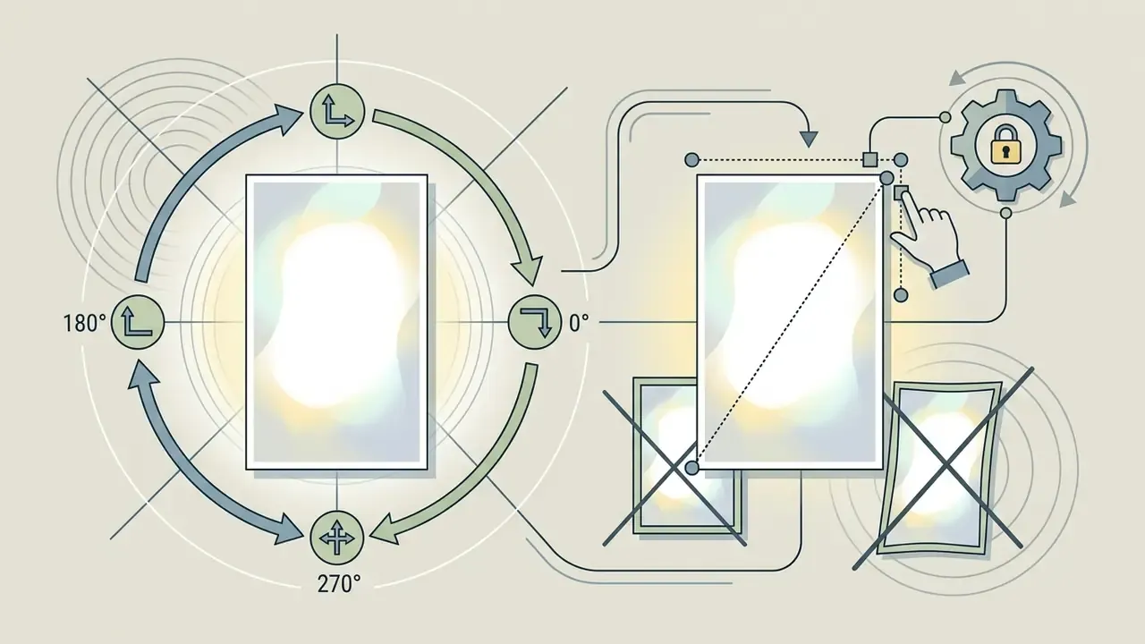 Circular rotation arrows around a frame and a hand resizing a rectangle with proportional corner handles
