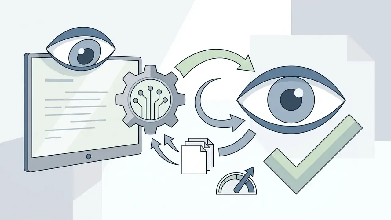 Screen with eye icon and digital gear processing document data to align gaze with a checkmark