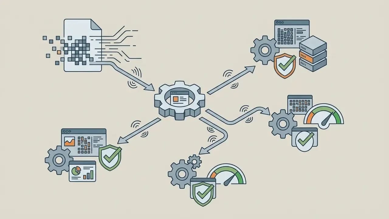 Central gear mechanism distributing data from a document to various servers, gauges, and security shields