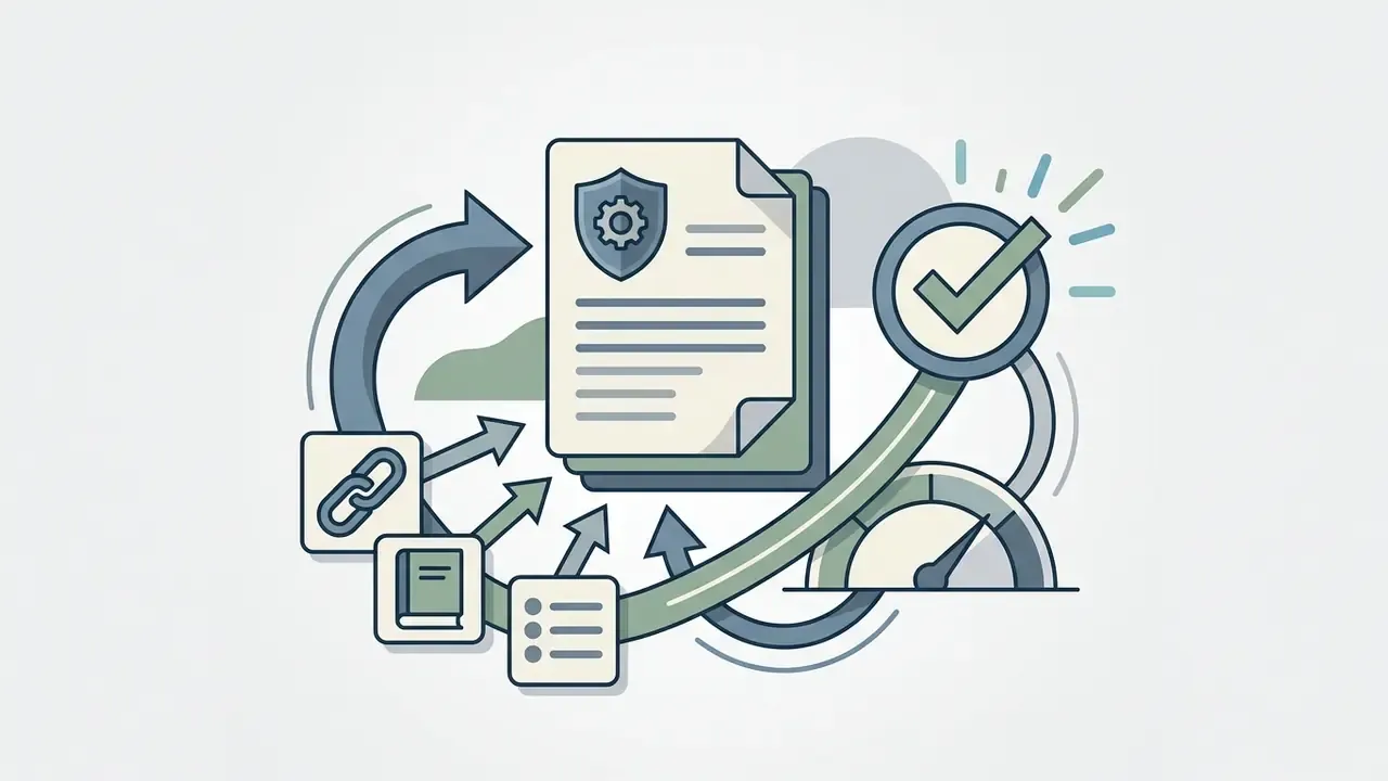 Icons representing links, books, and lists feeding into a document with a shield icon and a checkmark