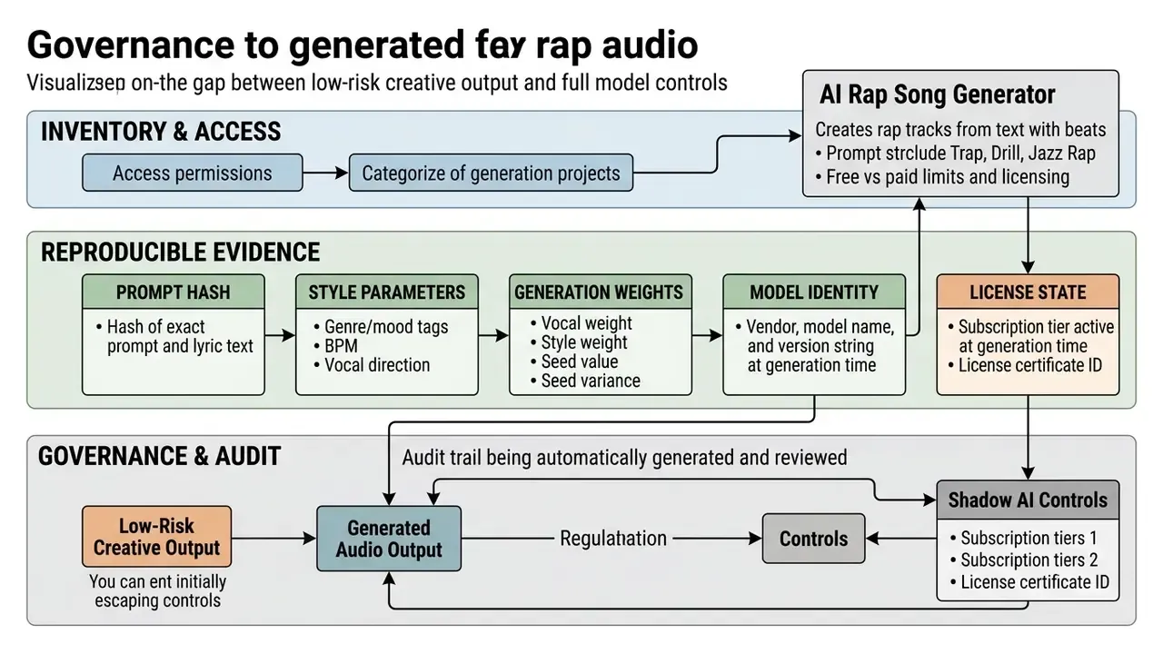 Flowchart detailing the three layers of governance, reproducible evidence, and audit controls for audio