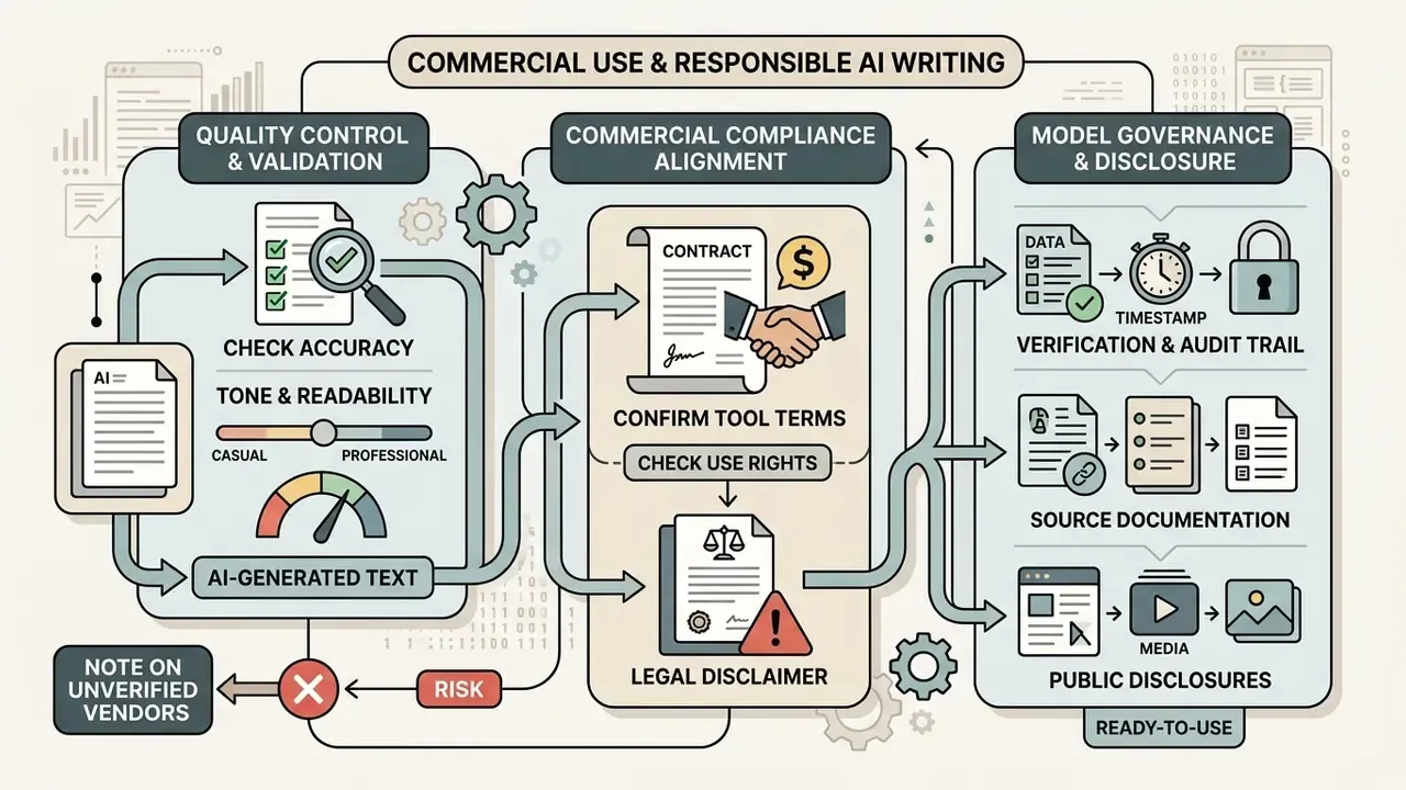 Process map outlining quality control, commercial compliance, and governance for published content
