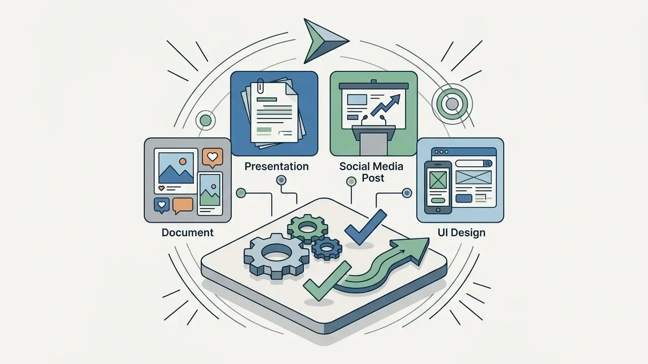 Icons for document, presentation, social media, and UI design connecting to a central gear mechanism