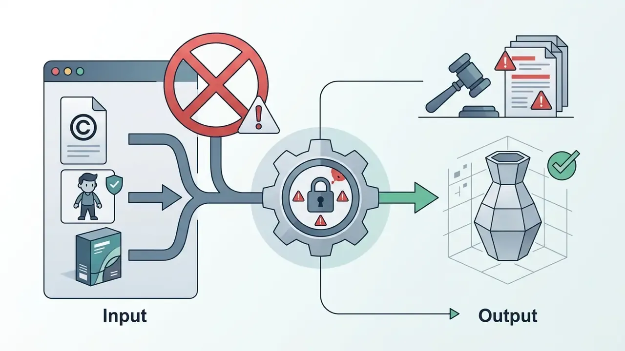 Copyrighted inputs flowing through a locked gear to legal review and a finalized 3D model output