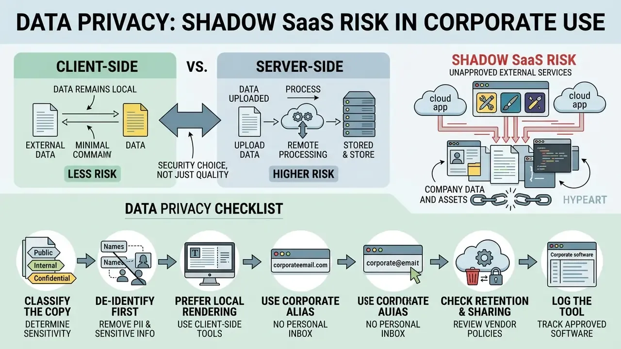 Comparison of client-side and server-side data processing alongside a security checklist for SaaS tools