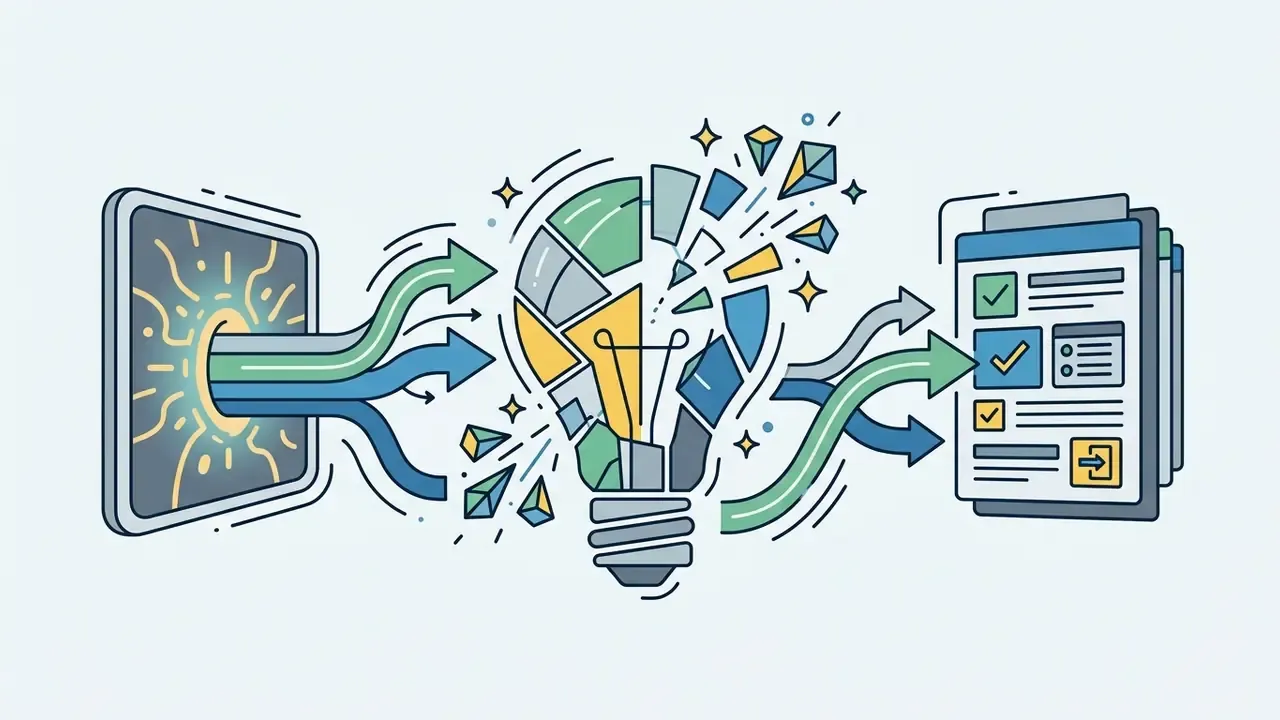 Arrows flowing from a digital screen through a fragmented lightbulb into a checklist document