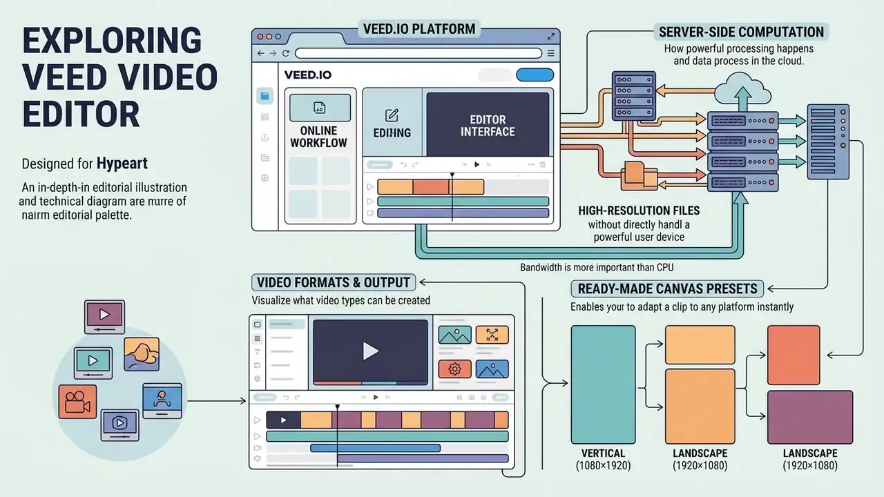 Technical diagram showing how the VEED video editor uses cloud-based server-side processing for workflows