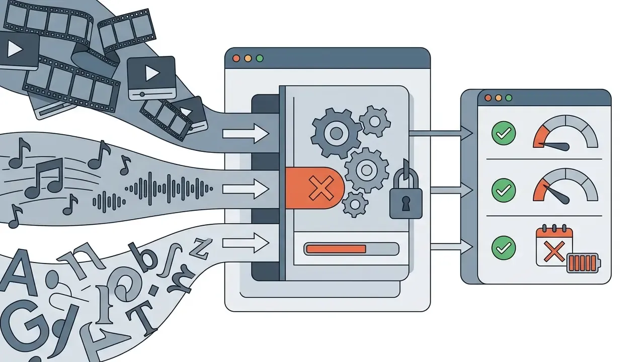 Media assets flowing into a locked processing engine that outputs status gauges and usage limits