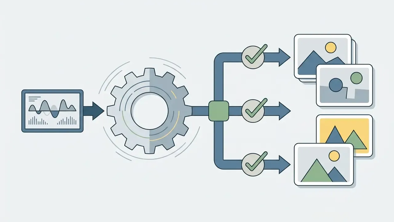 Data processing icon feeding into a gear that splits into three paths with checkmarks leading to images
