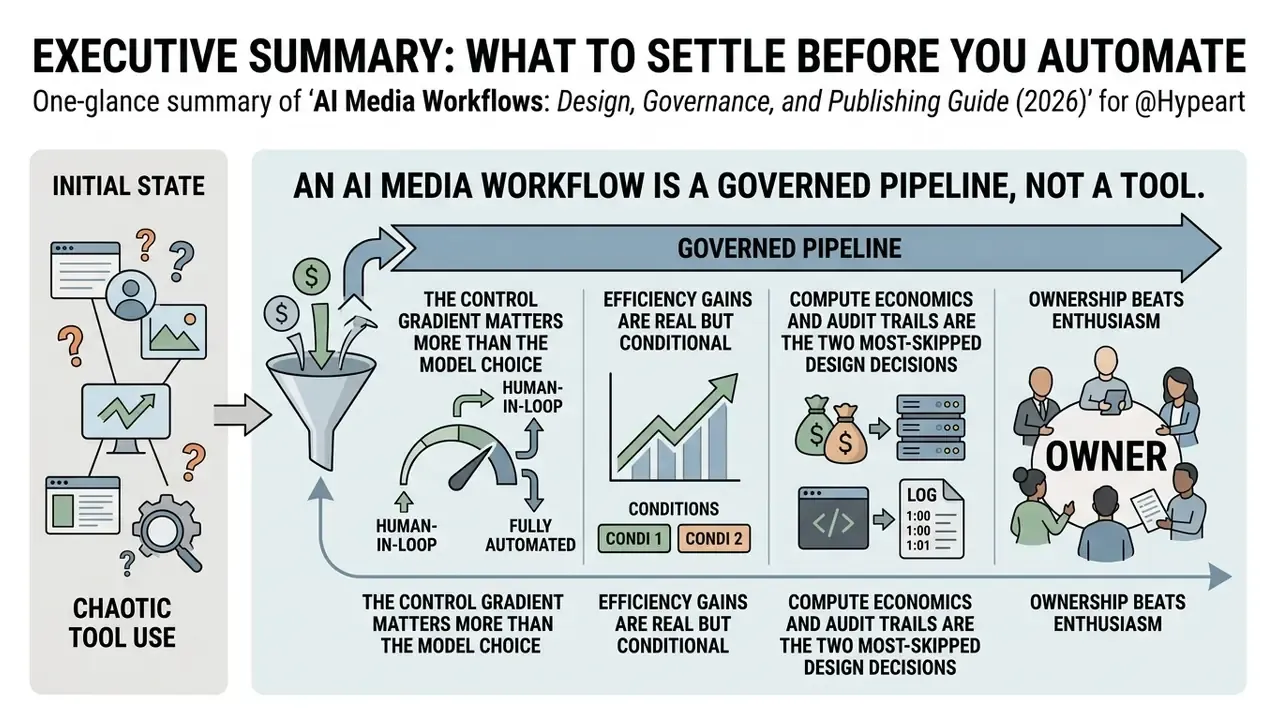 Infographic showing chaotic tool use transitioning into a structured and governed AI media workflow