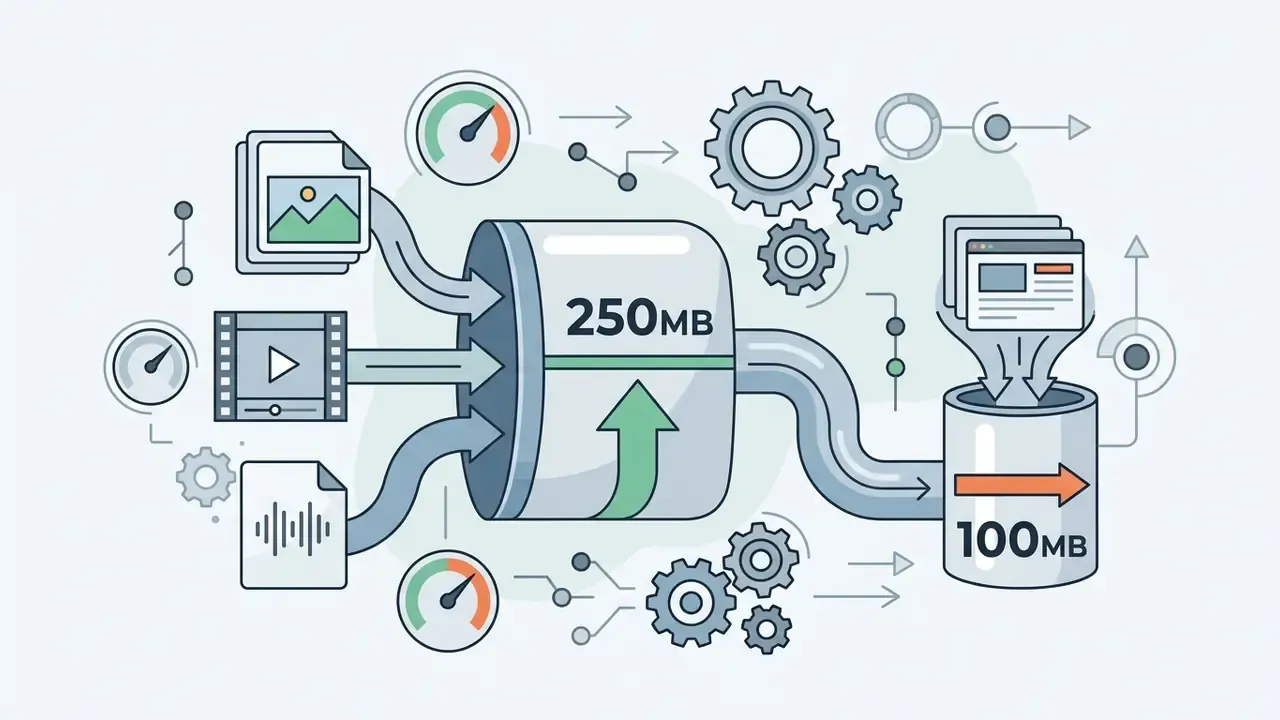 Media files flowing into a 250MB processor and PPT files feeding into a 100MB container