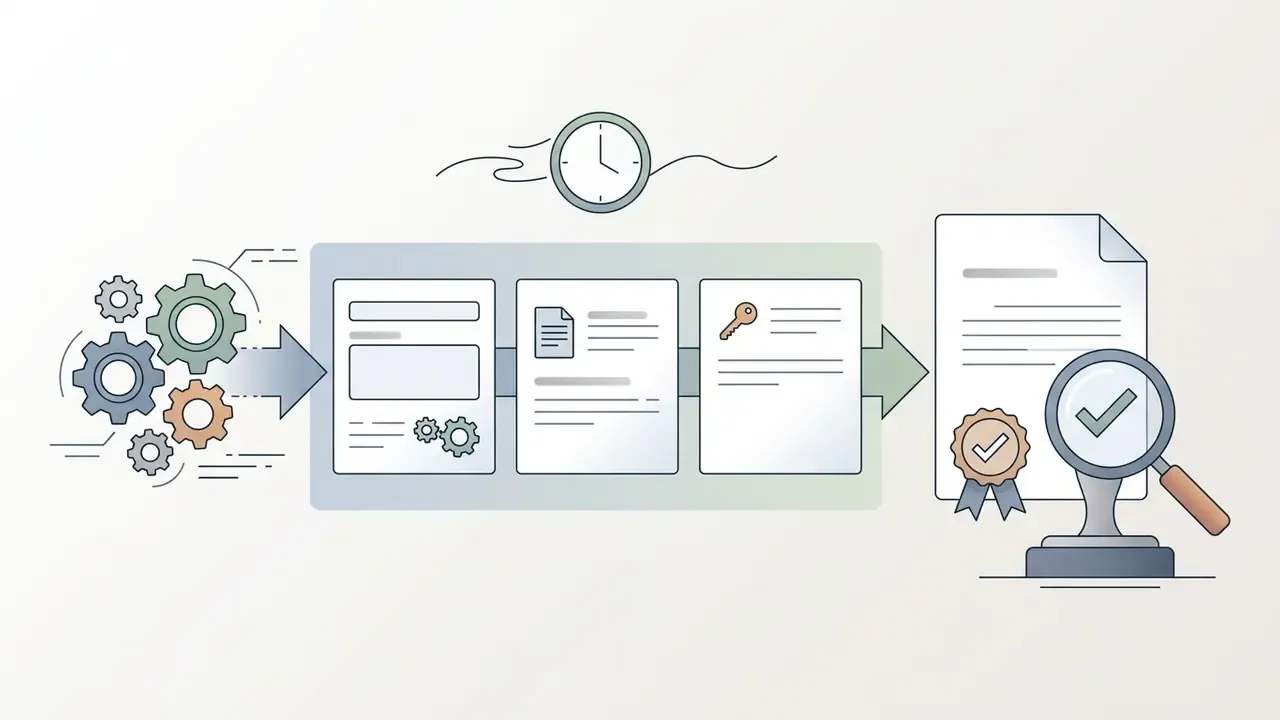 Gears feeding documents into a processing stream for audit review with a magnifying glass and seal