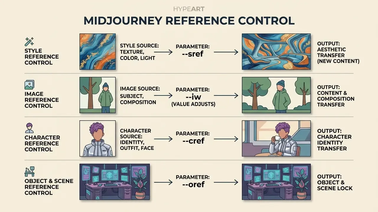 Comparison chart showing how different Midjourney parameters transfer style, content, character, or scene