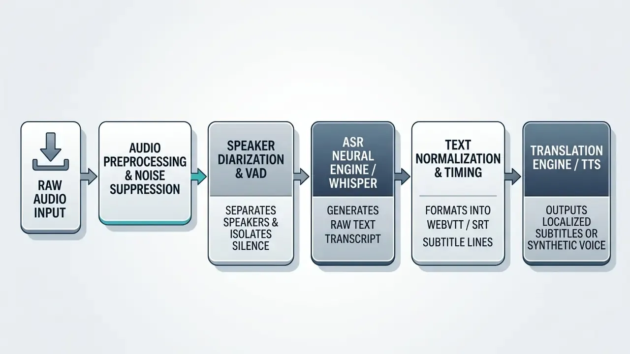 Sequential process flow showing audio input moving through noise suppression, speaker diarization, and transcription