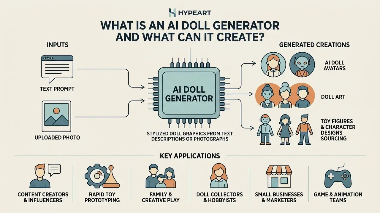 Infographic showing how inputs like text and photos process through an AI doll generator to create designs