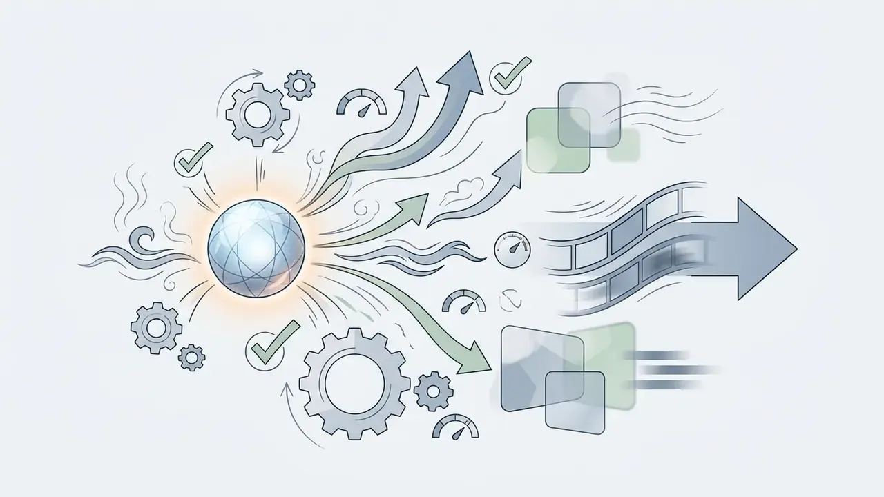 Central globe emitting arrows and steam toward film strips and square icons representing media output