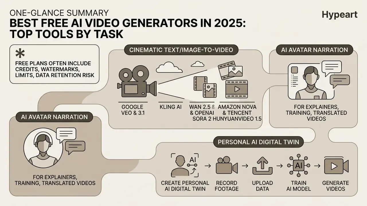Categorized infographic mapping AI video generators by task including cinematic tools and avatar narration