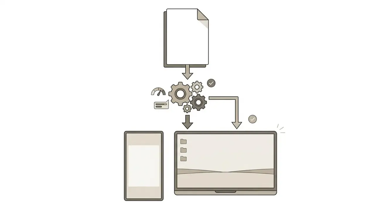 Document icon feeding into a gear system that processes output for mobile and desktop wallpaper screens
