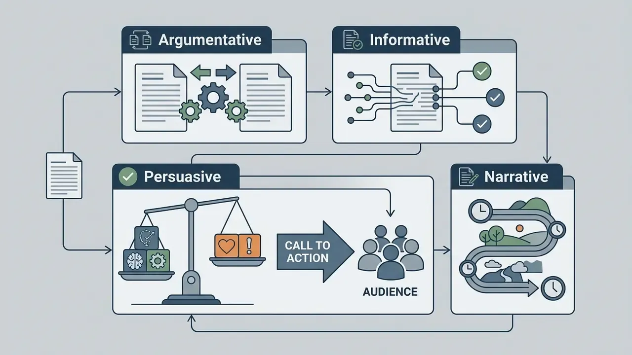 Diagram showing the interconnected process of argumentative, informative, persuasive, and narrative writing