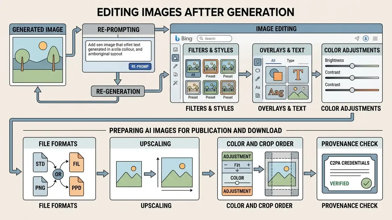 Diagram showing steps to refine AI images through re-prompting, editing, and preparing for publication
