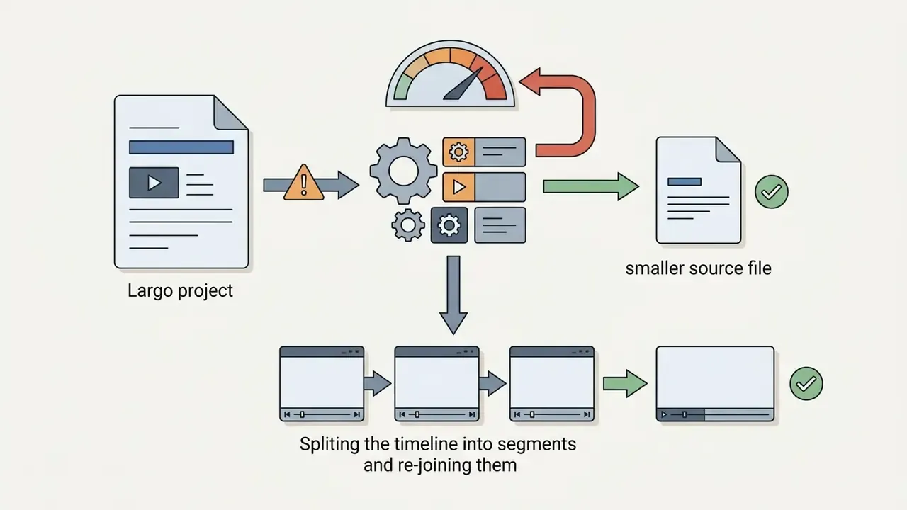 Project file with warning icon leading to gear processing and options for smaller files or segmented clips