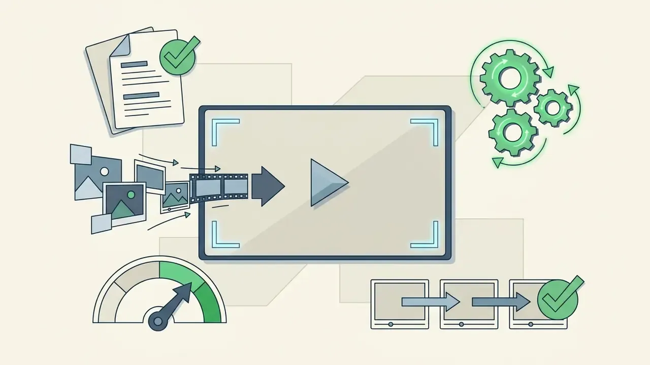 Media files and a play button frame surrounded by a speedometer, rotating gears, and a verification check