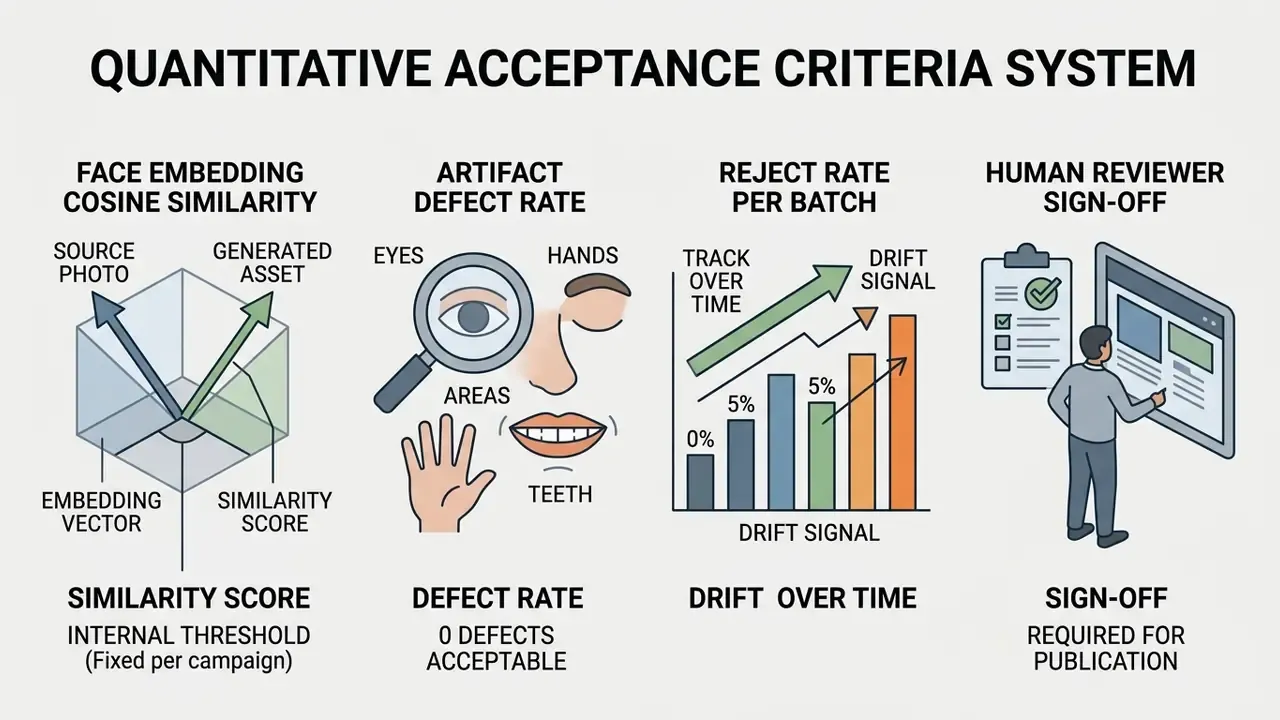 Four icons detailing quantitative metrics for evaluating generated image quality and consistency