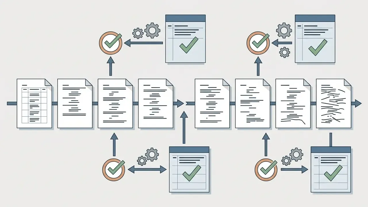 Linear sequence of document icons with branching validation steps using gear icons and checkmarks
