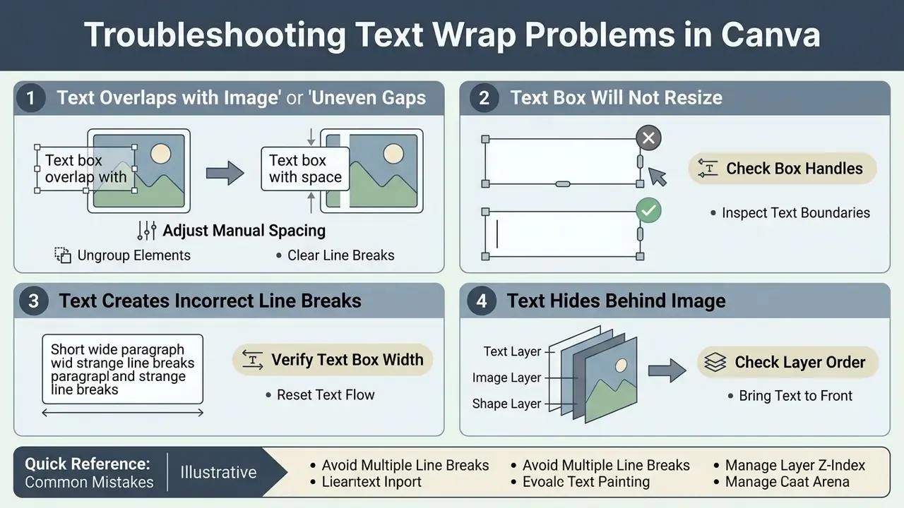 Four-step guide for fixing common text wrapping issues in Canva by adjusting spacing and layer order
