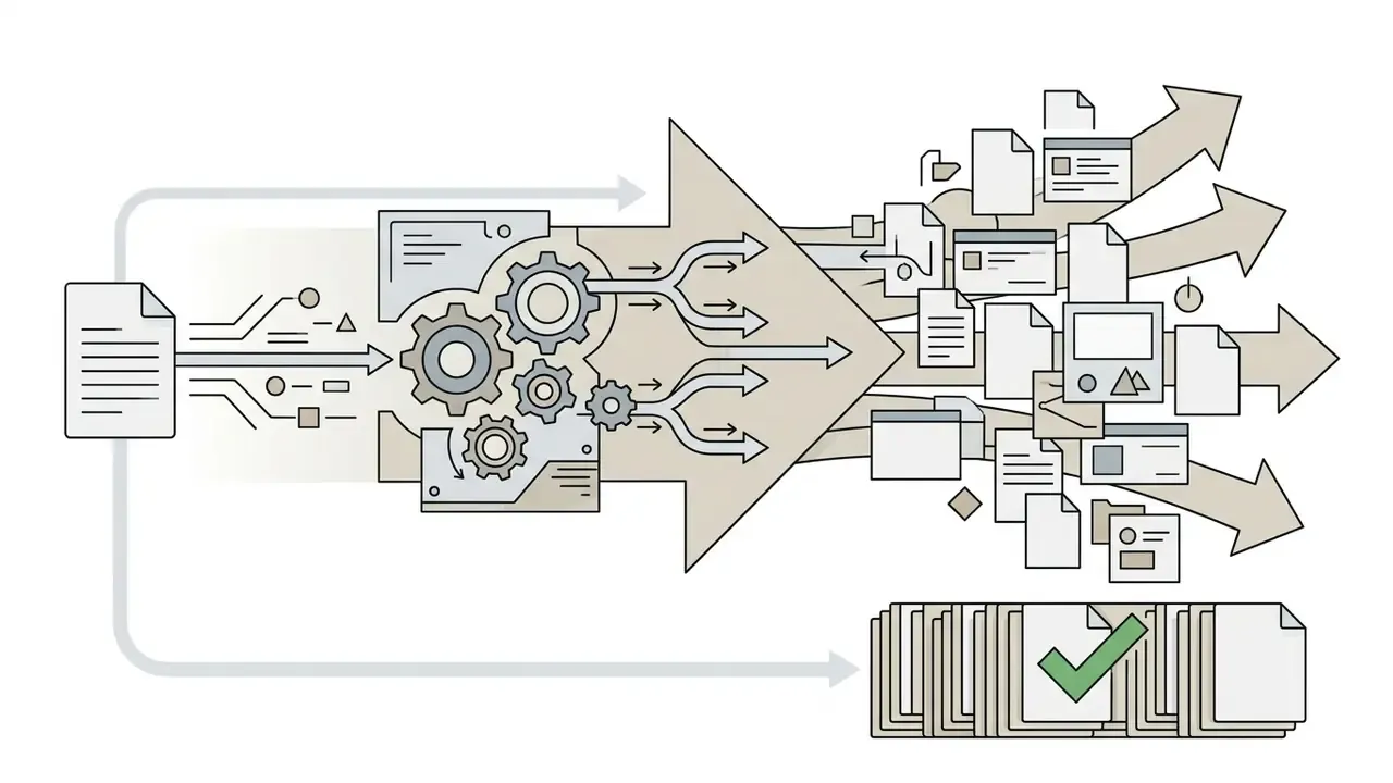 Document feeding into a gear mechanism that processes inputs into multiple output files and a final list