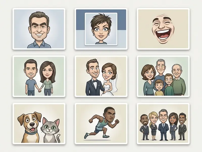 Collection of stylized digital portraits featuring individuals, couples, families, pets, and professionals