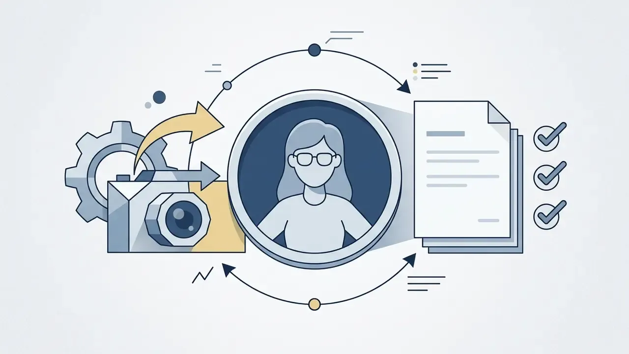 Camera and gear icon transforming into a stylized woman avatar with documents and checkmarks